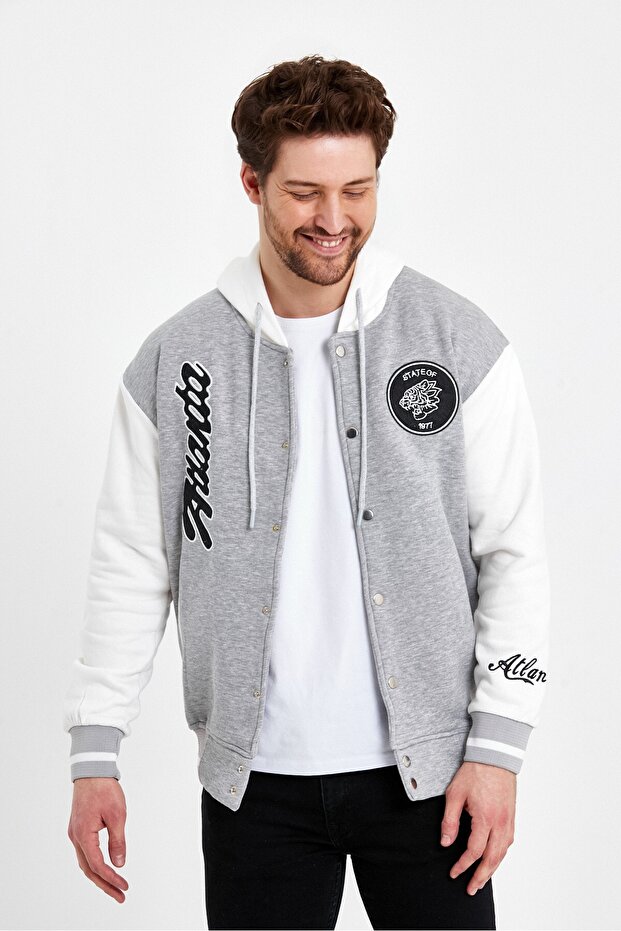 Men's Gray Embroidered Hooded College Jacket