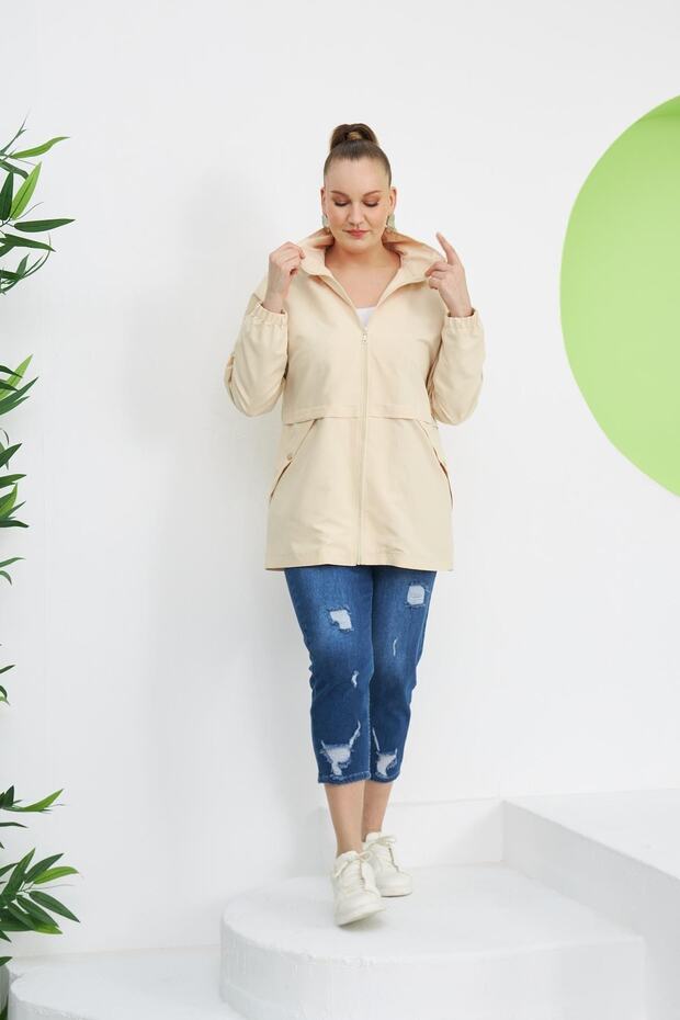 Plus Size Cream Trench Coat with Leopard Pattern Lining - 5