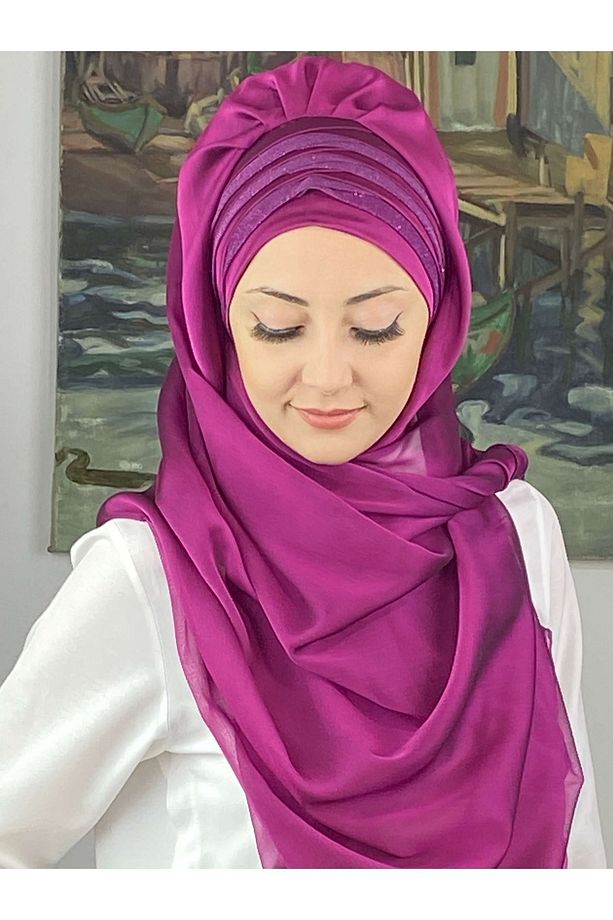Topkapı Çapraz Drapeli Biritleri Simli Fransız Şifon Fuşya Hazır Şal - 2