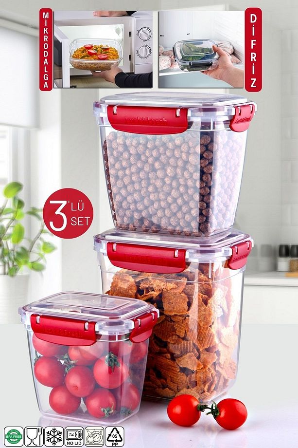 3'lü Set Master Dikdörtgen Mikrodalgada Kullanılabilen Saklama Kabı 825/1575/2100 Ml - 1