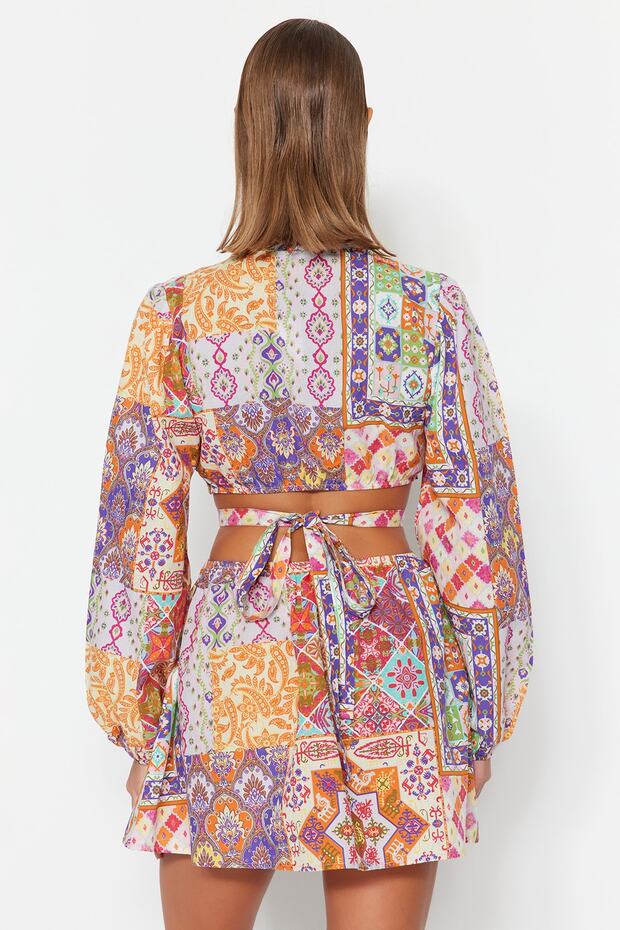 Etnik Desenli Mini Dokuma Cut Out Detaylı %100 Pamuklu Plaj Elbisesi TBESS23EL00140 - 6