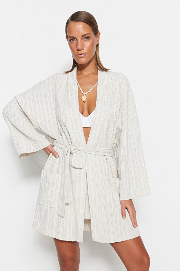 Ekru Dokuma Plaj Mini Kuşaklı Kimono&Kaftan TBESS23KM00081 - 3