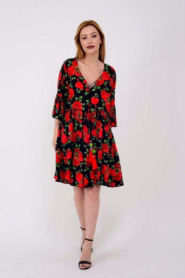 Çiçek Desenli Boho Kısa Ispanyol Elbise - 5