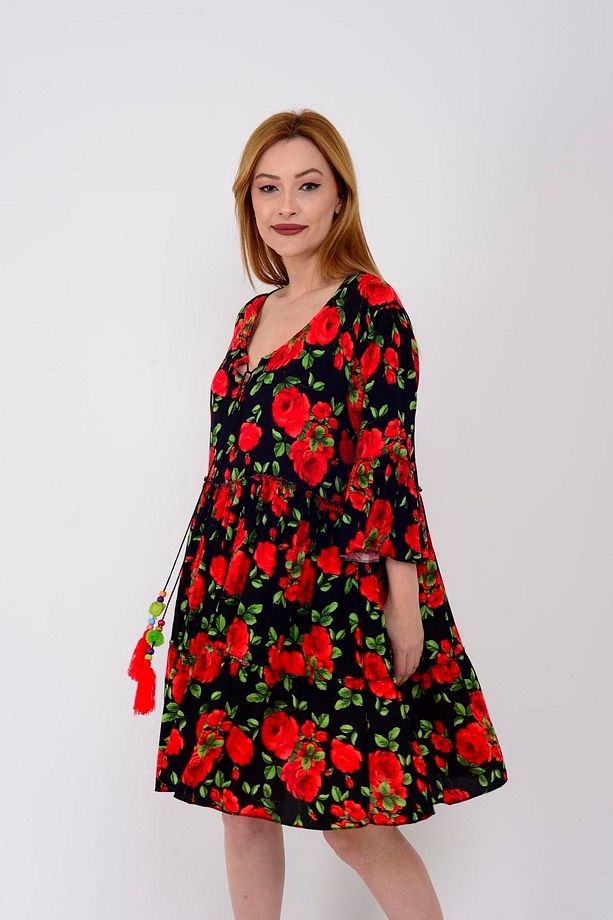 Çiçek Desenli Boho Kısa Ispanyol Elbise - 6