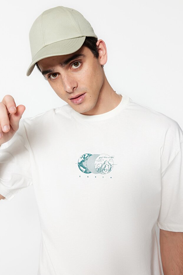 Ekru Oversize/Geniş Kesim Kısa Kol Baskılı %100 Pamuk T-Shirt TMNSS23TS00261 - 3