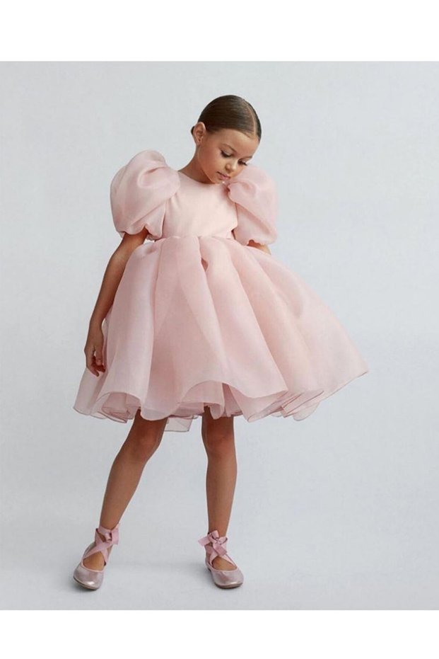 Balloon Sleeve Organza Girl's Dress - Crystal Tulle Organza Evening Dress - Children's Evening Dress