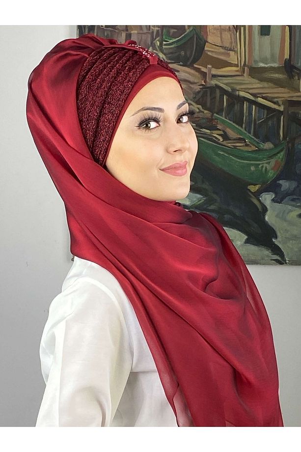 Tek Biritli Sultan Model Büzgülü Fransız Şifon Bordo Hazır Şal - 5