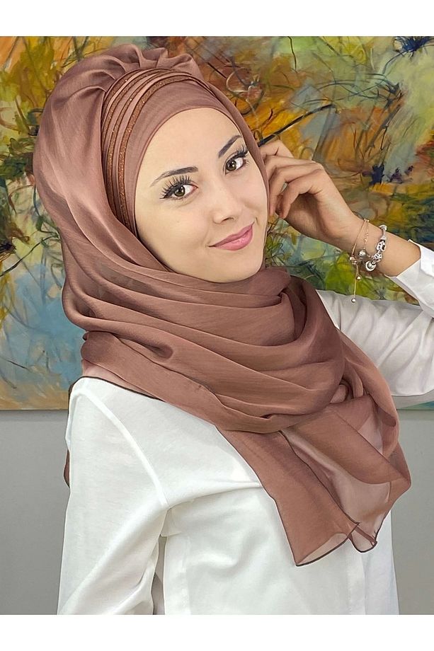 Saray Model Simli Drapeli Fransız Şifon Sütlü Kahve Hazır Şal - 3