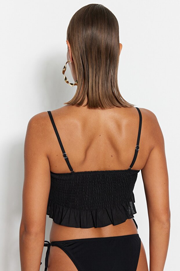 Siyah Dokuma Fırfırlı Plaj Crop Bluz TBESS21BZ0661 - 6