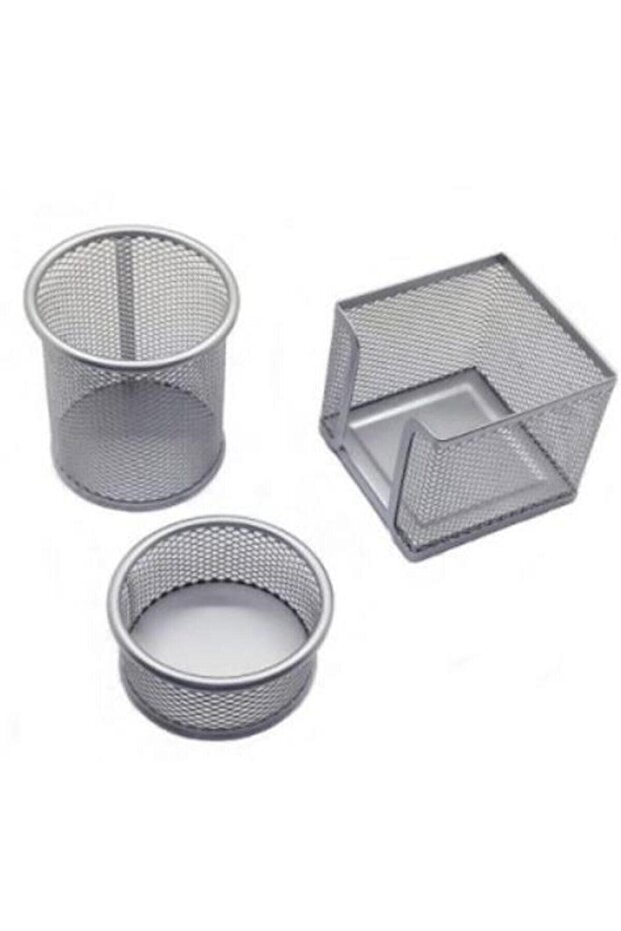 A Set Attache-paper holder-pencil holder 3 Pieces Metal Perforated Silver Silver Color A Set