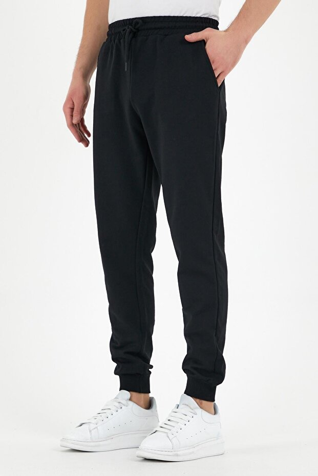 Black Men's Sweatpants with Labeled Back and Side Pockets Regular Fit