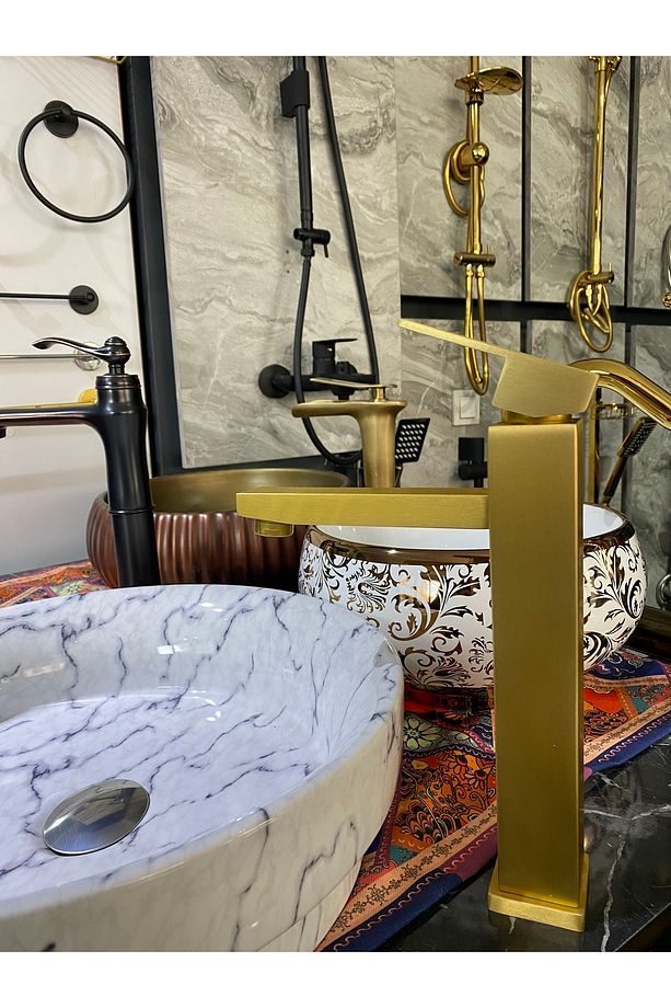 Mat Gold Çanak Lavabo Bataryası Altın Kare Lavabo Musluğu Fırçalanmış Mat Altın - 4