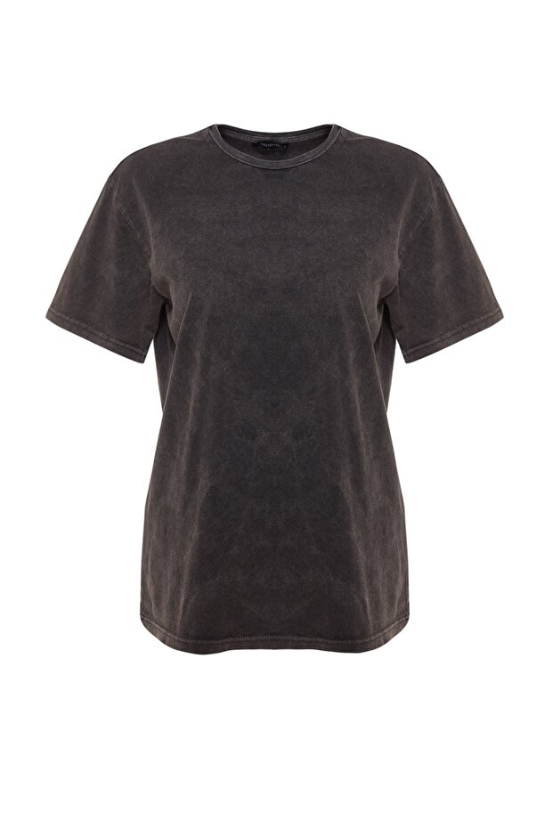 Antrasit %100 Kalın Pamuklu Soluk Efektli Boyfriend/Geniş Kalıp Örme T-Shirt TWOSS23TS00112 - 6