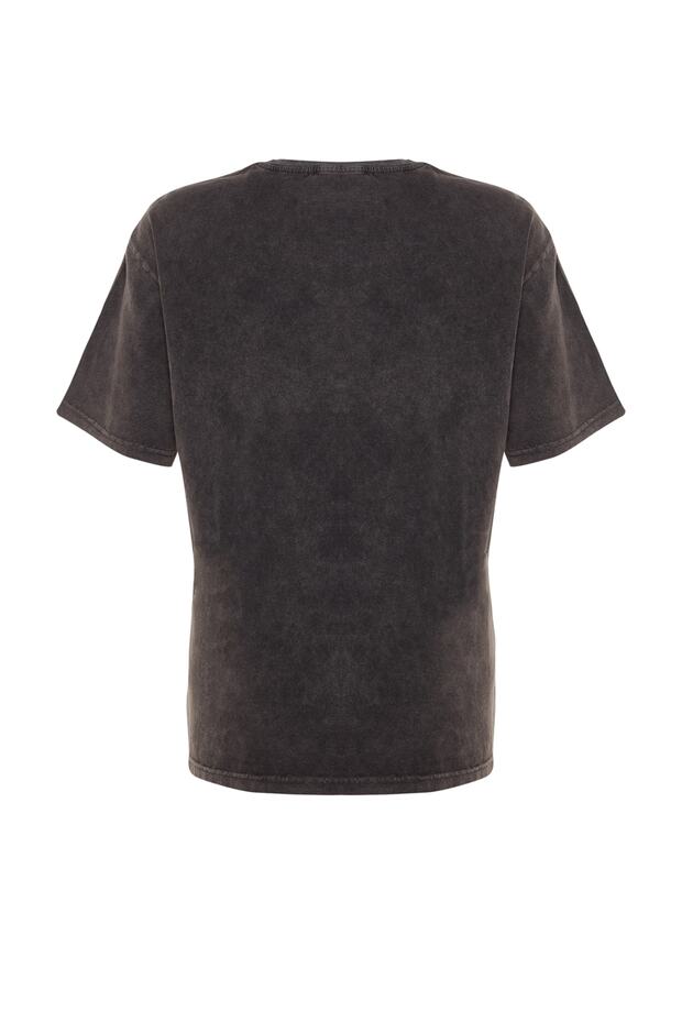 Antrasit %100 Kalın Pamuklu Soluk Efektli Boyfriend/Geniş Kalıp Örme T-Shirt TWOSS23TS00112 - 8