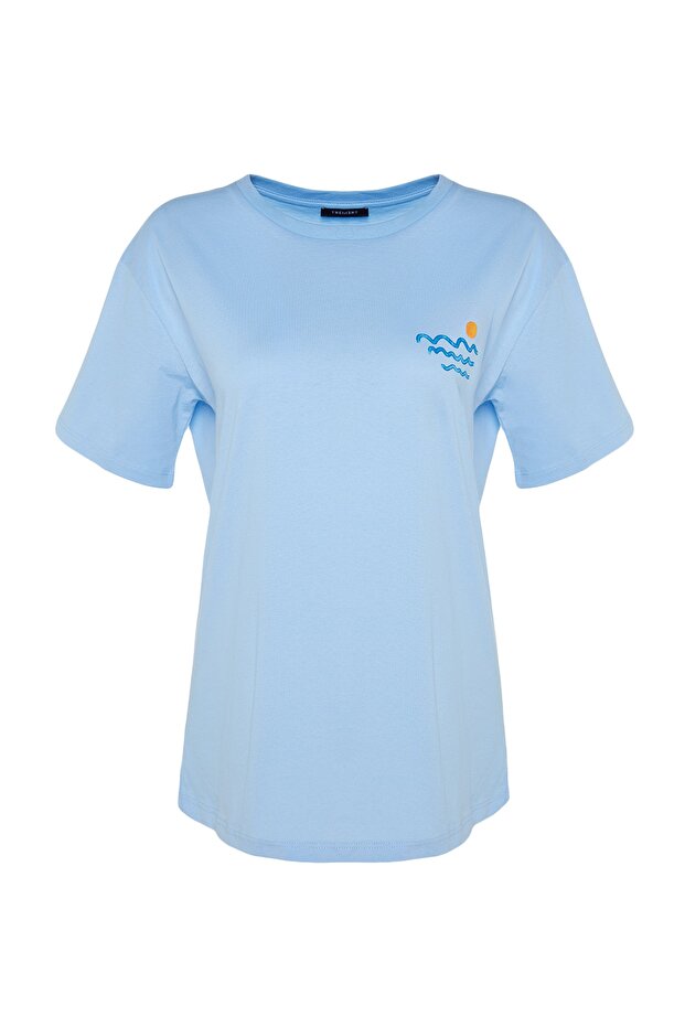 Açık/Bebe Mavi %100 Pamuk Sırt ve Göğüs Baskılı Boyfriend Örme T-Shirt TWOSS23TS00058 - 12