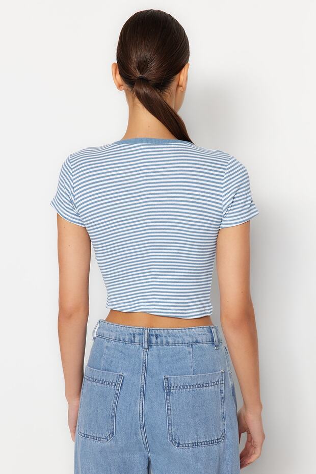 Mavi Çizgili-Lacivert Düz 2'li Paket Fitted/Vücuda Oturan Crop Fitilli Örme Bluz TWOSS23BZ00388 - 4