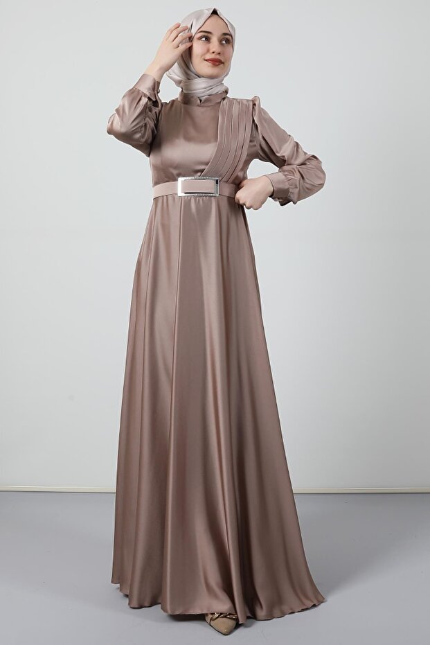 Front Pleated Hijab Evening Dress Open Mink