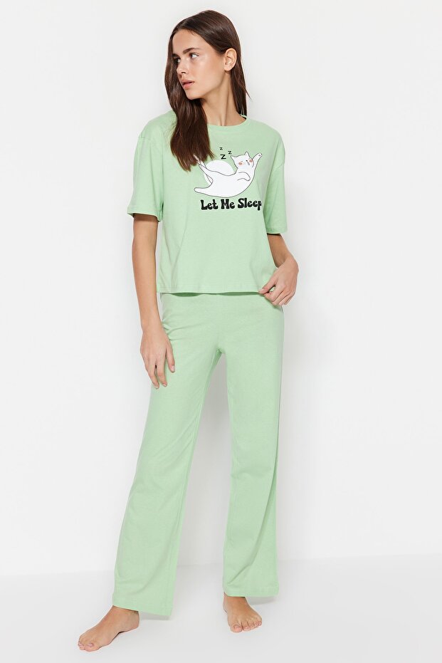 Açık Yeşil %100 Pamuklu Hayvan Baskılı Örme Pijama Takımı THMSS23PT00134 - 2