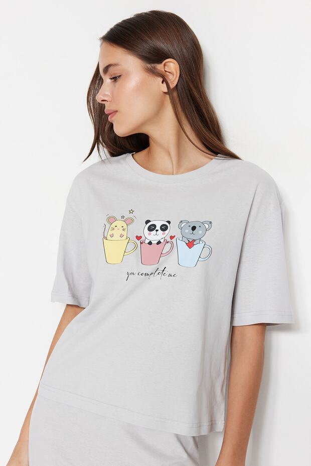 Jasnoszary, 100% bawełniany, zabawny, drukowany, dzianinowy komplet piżamy THMSS23PT00134 - 1