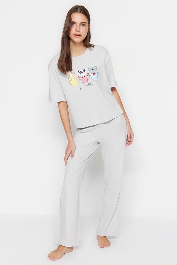 Jasnoszary, 100% bawełniany, zabawny, drukowany, dzianinowy komplet piżamy THMSS23PT00134 - 3