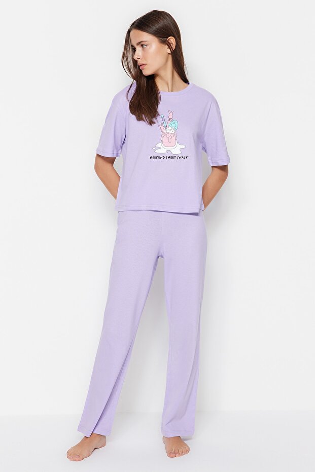 Lila %100 Pamuklu Eğlenceli Baskılı Örme Pijama Takımı THMSS23PT00134 - 2