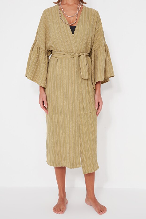 Haki Dokuma Maxi Plaj Kuşaklı Kimono&Kaftan TBESS23KM00028 - 4