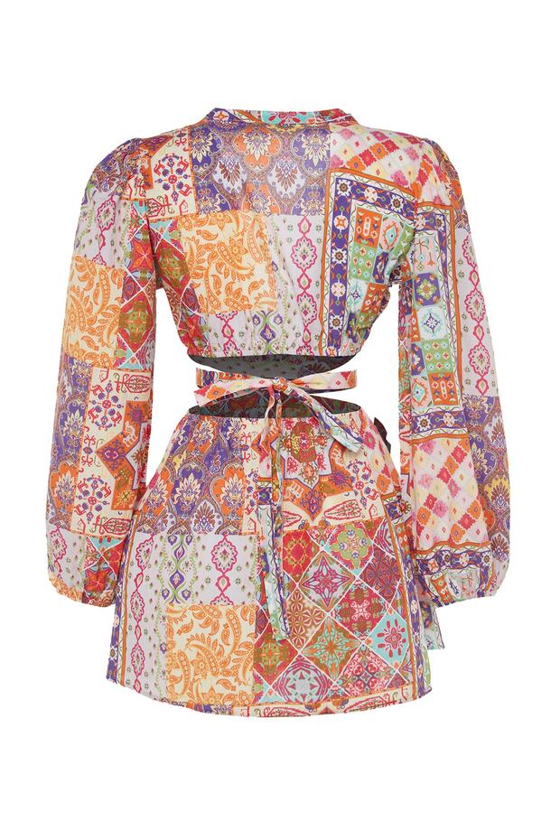 Etnik Desenli Mini Dokuma Cut Out Detaylı %100 Pamuklu Plaj Elbisesi TBESS23EL00140 - 8