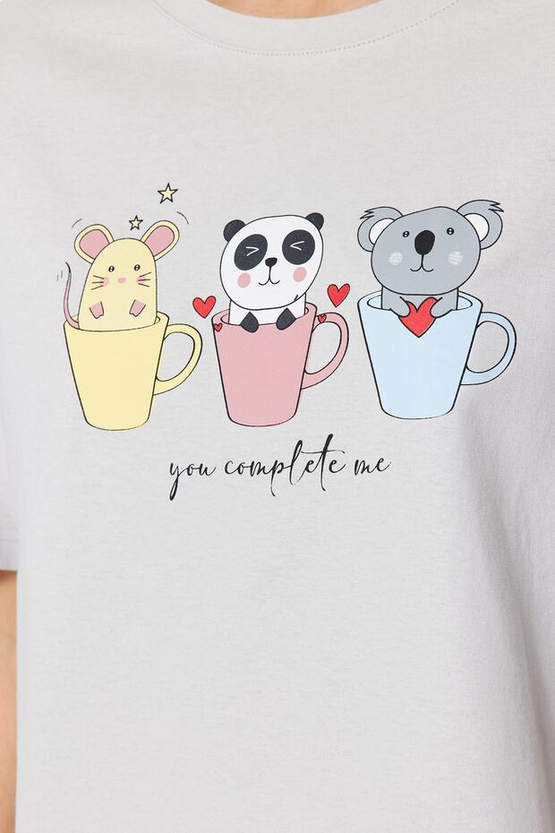 Jasnoszary, 100% bawełniany, zabawny, drukowany, dzianinowy komplet piżamy THMSS23PT00134 - 4