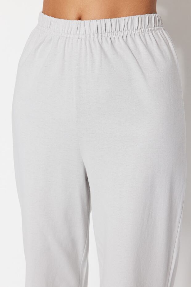 Jasnoszary, 100% bawełniany, zabawny, drukowany, dzianinowy komplet piżamy THMSS23PT00134 - 5