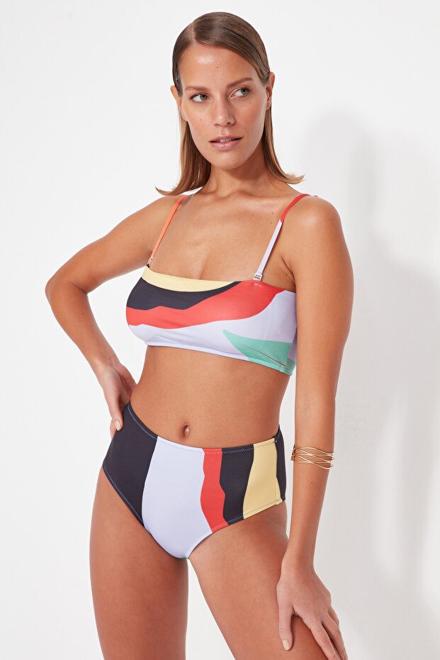 Renkli Soyut Desenli Yüksek Bel Bikini Altı TBESS22BA0014 - 2