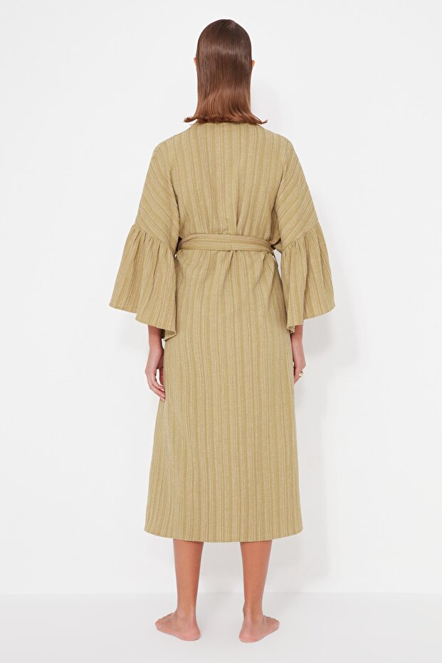 Haki Dokuma Maxi Plaj Kuşaklı Kimono&Kaftan TBESS23KM00028 - 5