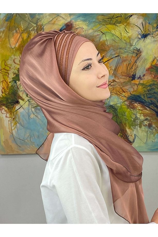Saray Model Simli Drapeli Fransız Şifon Sütlü Kahve Hazır Şal - 4