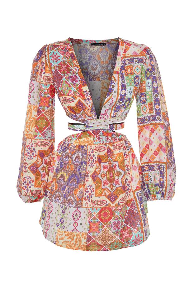 Etnik Desenli Mini Dokuma Cut Out Detaylı %100 Pamuklu Plaj Elbisesi TBESS23EL00140 - 7