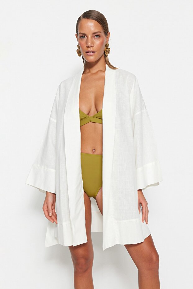 Plaj Giyim Beyaz Dokuma Kuşaklı Mini Kimono&Kaftan TBESS23KM00080 - 1