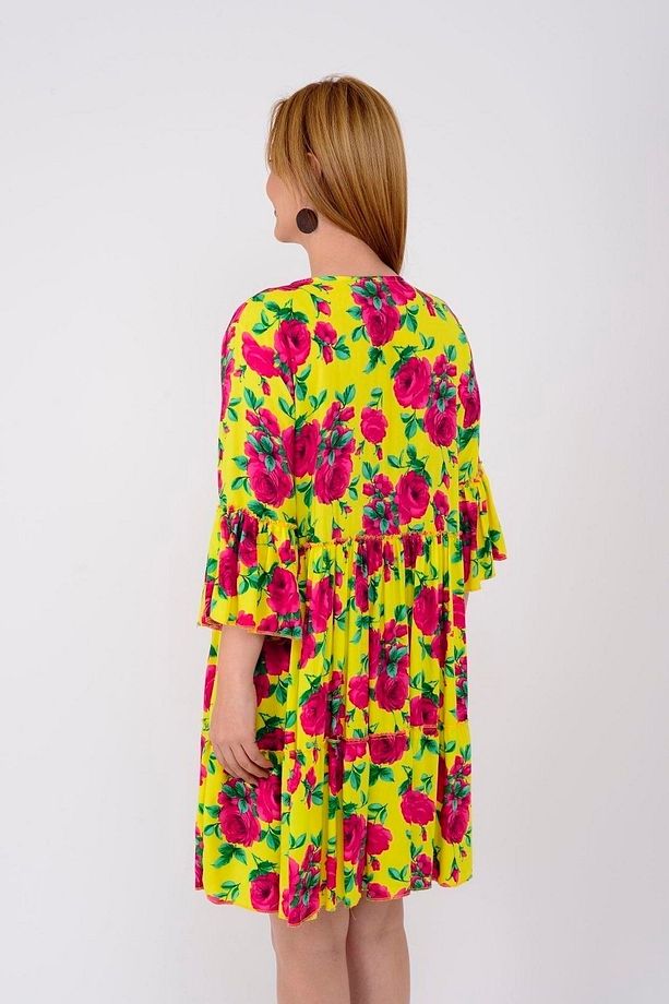 Ponponlu Çiçek Desenli Boho Kısa Ispanyol Elbise - 4