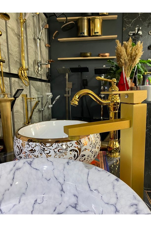 Mat Gold Çanak Lavabo Bataryası Altın Kare Lavabo Musluğu Fırçalanmış Mat Altın - 5