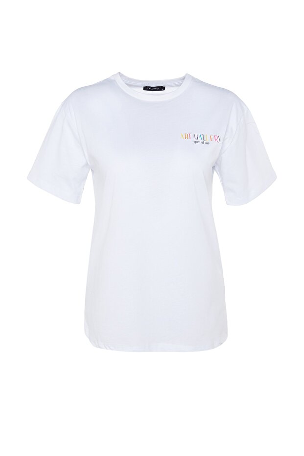 Beyaz %100 Pamuk Ön ve Arka Baskılı Boyfriend Fit Bisiklet Yaka Örme T-Shirt TWOSS23TS00057 - 12