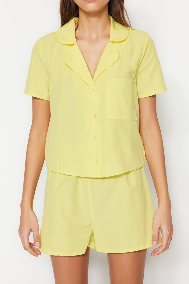 Sarı Terrycotton Şortlu Dokuma Pijama Takımı THMSS23PT00132 - 4