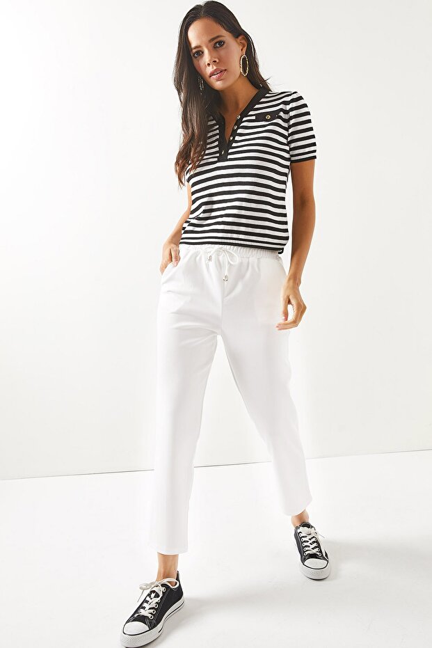 Női fehér rugalmas derék zsebes sárgarépa nadrág PNT-19000203 - 1