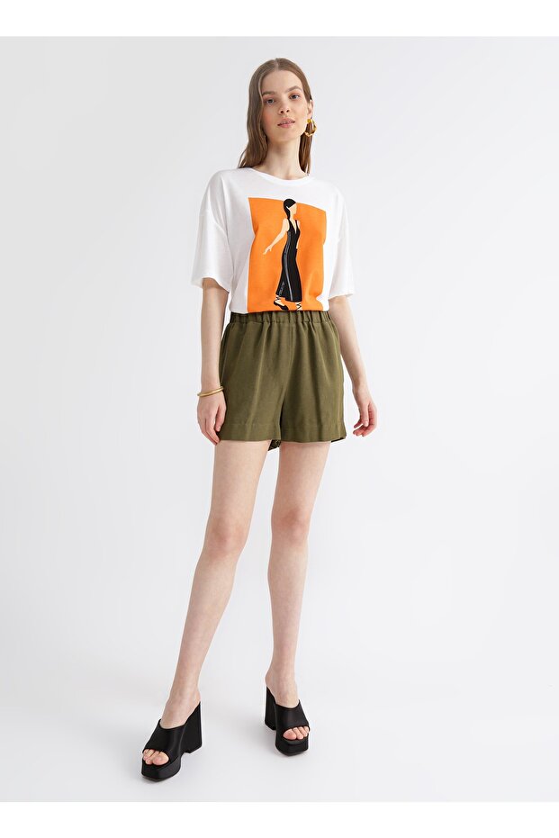 Lastikli Bel Basic Haki Kadın Şort Frankı - 1