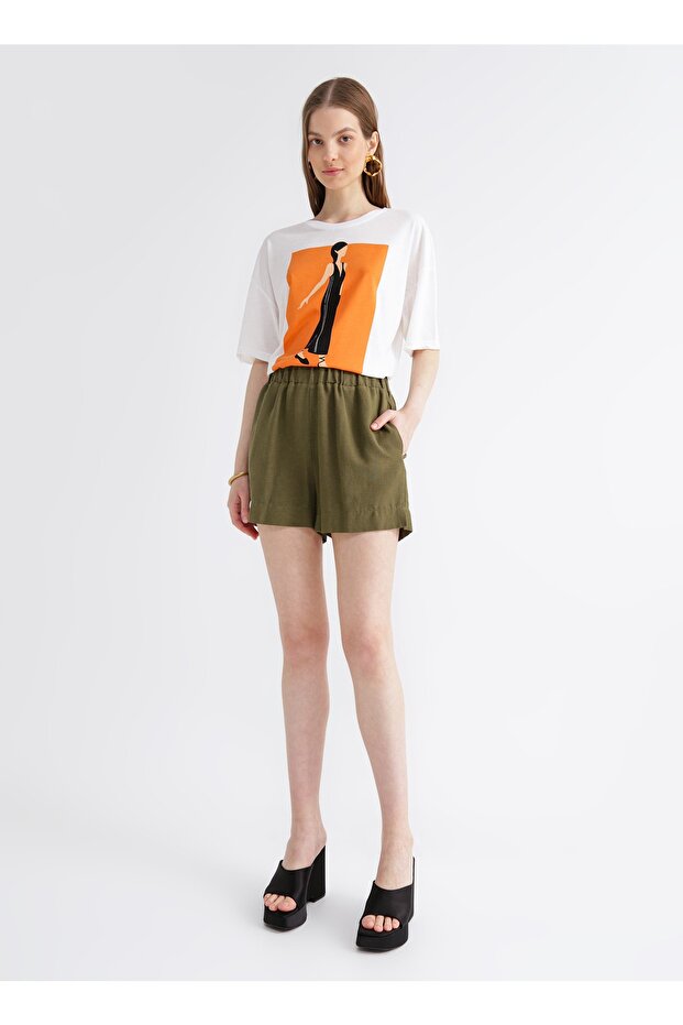 Lastikli Bel Basic Haki Kadın Şort Frankı - 2