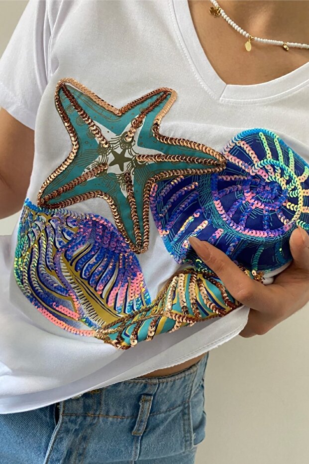 Women's White V-Neck Sequin Embroidered 100% Cotton T-Shirt