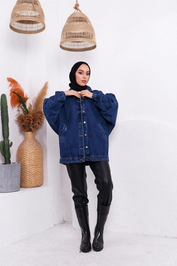 Kolları Lastikli Oversize Kot Ceket - 3