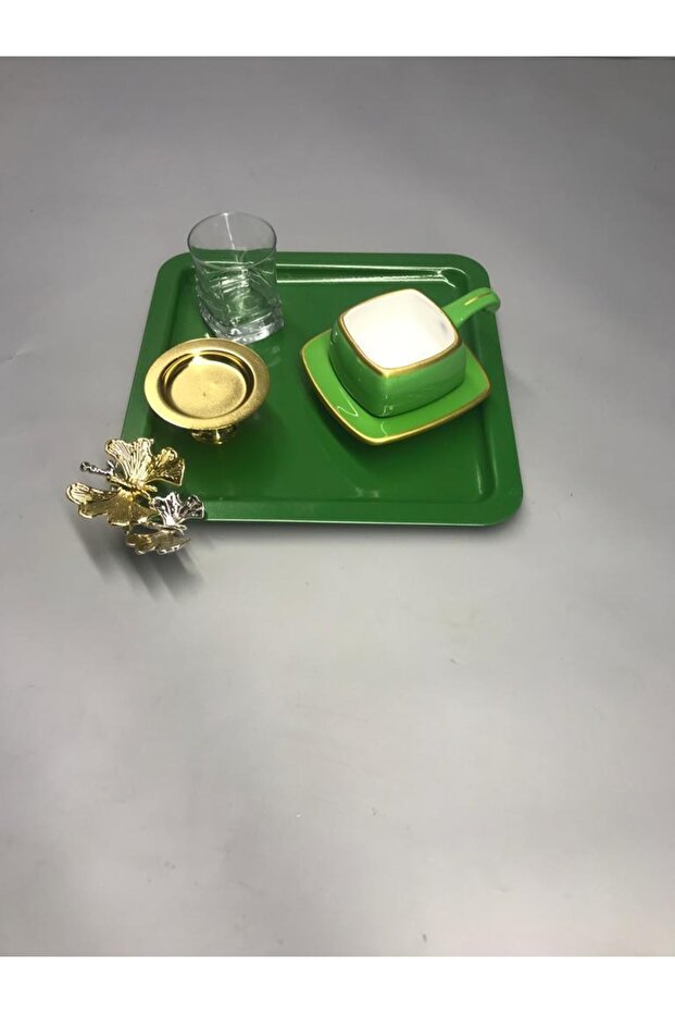 Stainless Steel Square Green Coffee, Tea, Decorative Presentation Serving Tray with Luxury Butterfly Accessories