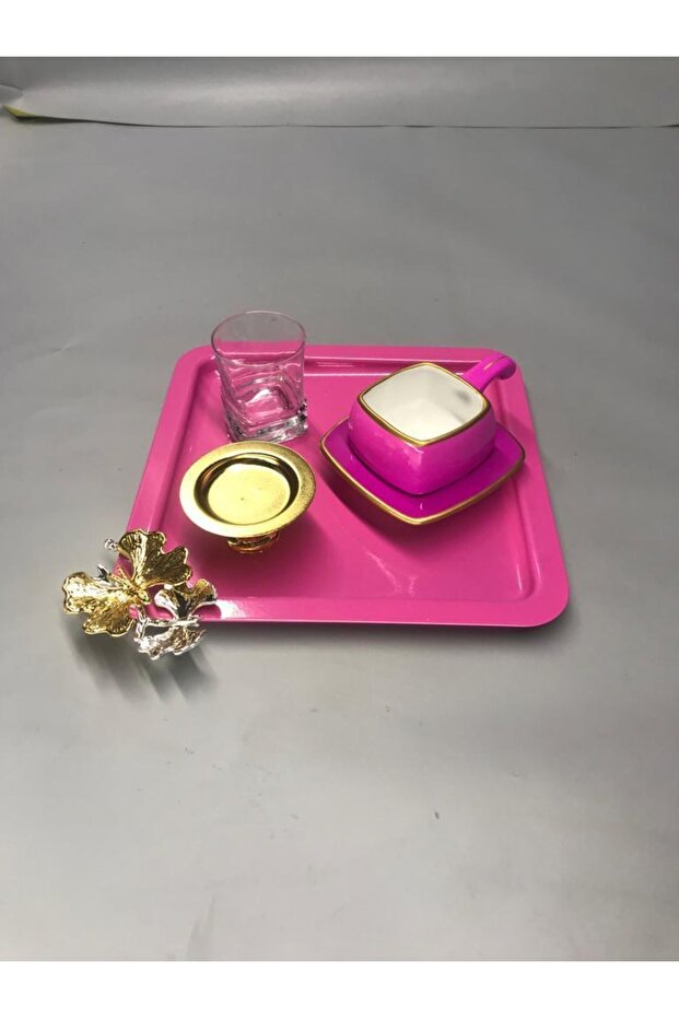 Stainless Steel Square Pink Coffee, Tea, Decorative Presentation Serving Tray with Luxury Butterfly Accessories