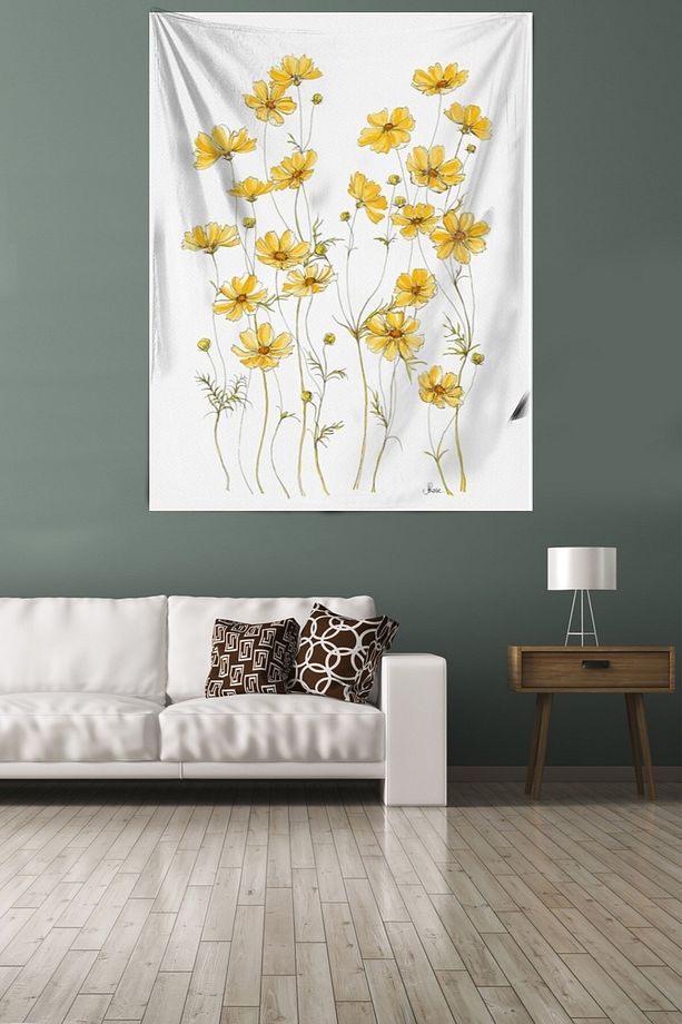 Sarı Papatya Çiçek Desenli Çiçekli Leke Tutmaz Kadife Kumaş Duvar Örtüsü Duvar Halısı Tapestry - 1