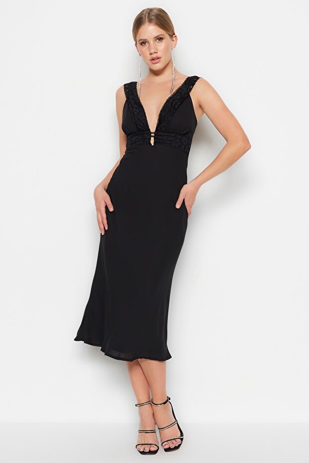 Black Lined Woven Elegant Evening Dress TPRSS23EL00456