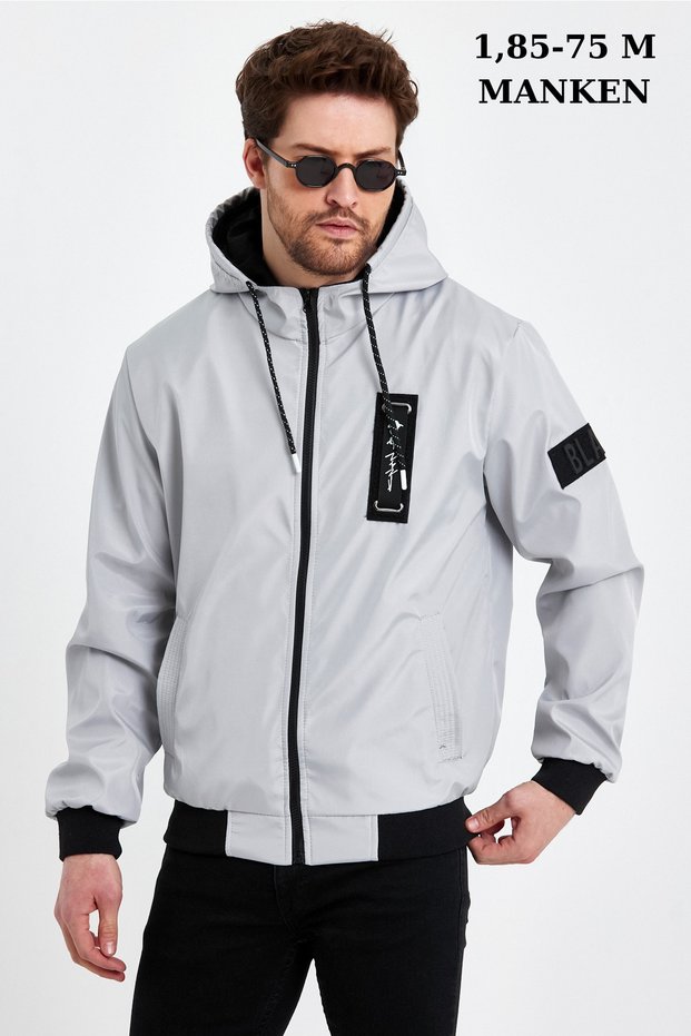 Men's Gray Print Detail Embroidered Water Repellent Seasonal Spring Jacket Coat