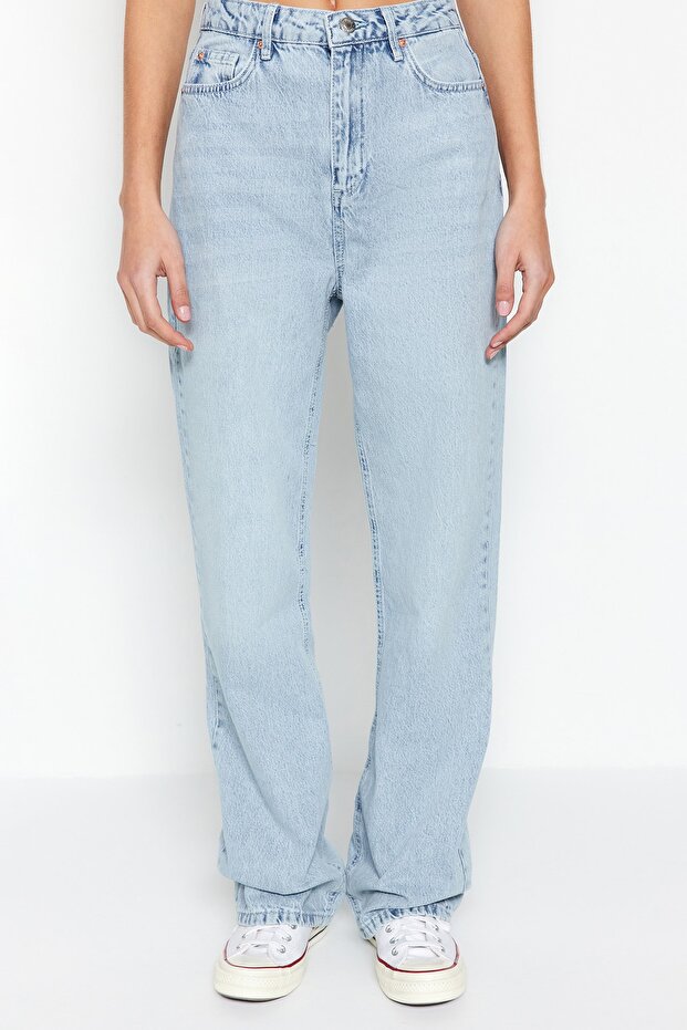 Mavi Yüksek Bel Straight Düz Kesim %100 Pamuk Non-Stretch Jeans TWOSS22JE0242 - 4