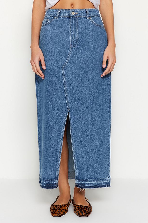 Koyu Mavi More Sustainable Yırtmaçlı Maxi Denim Etek TWOSS23ET00289 - 4